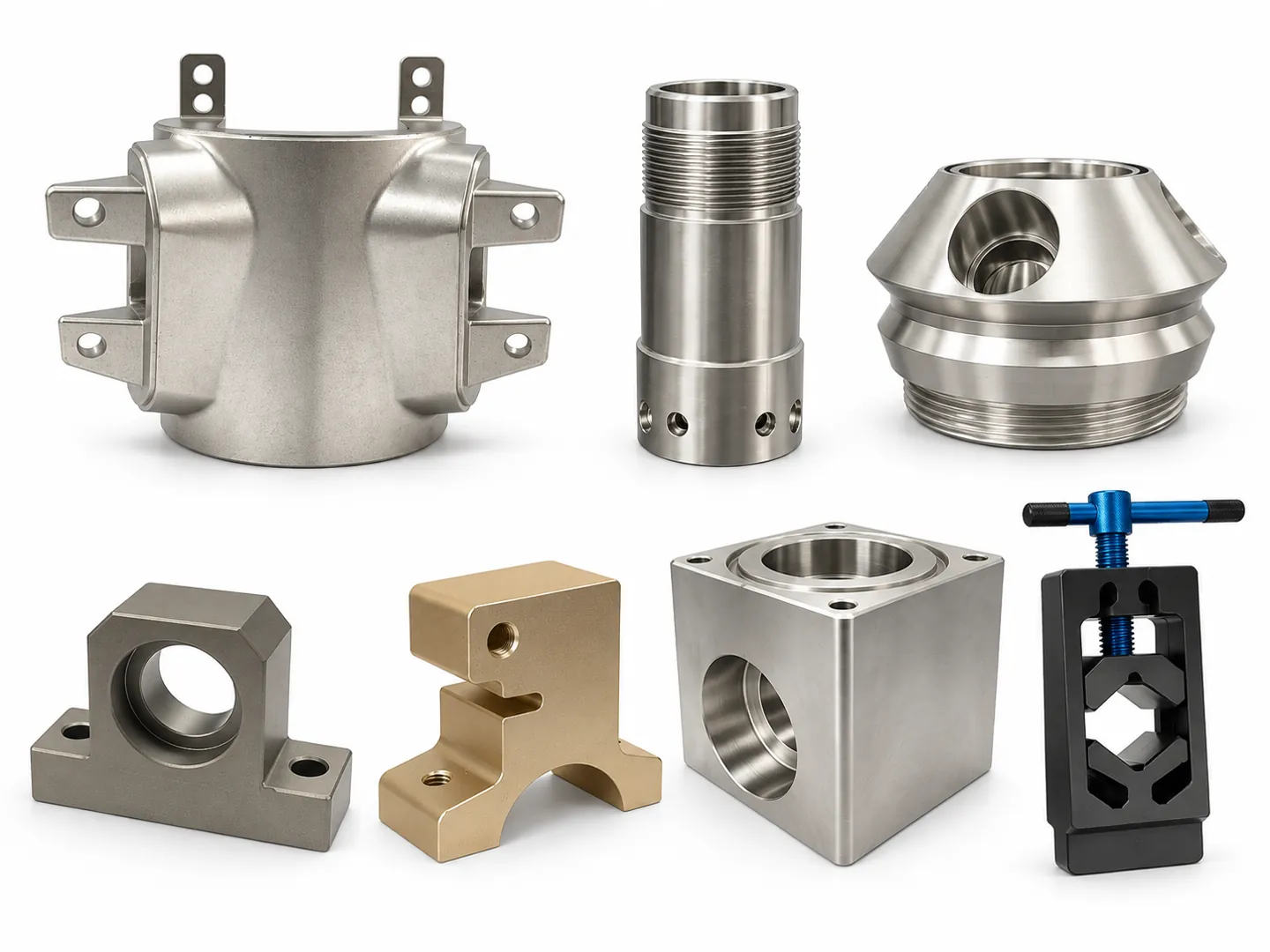 Examples of custom metal components with machined bores, threads and mounting features